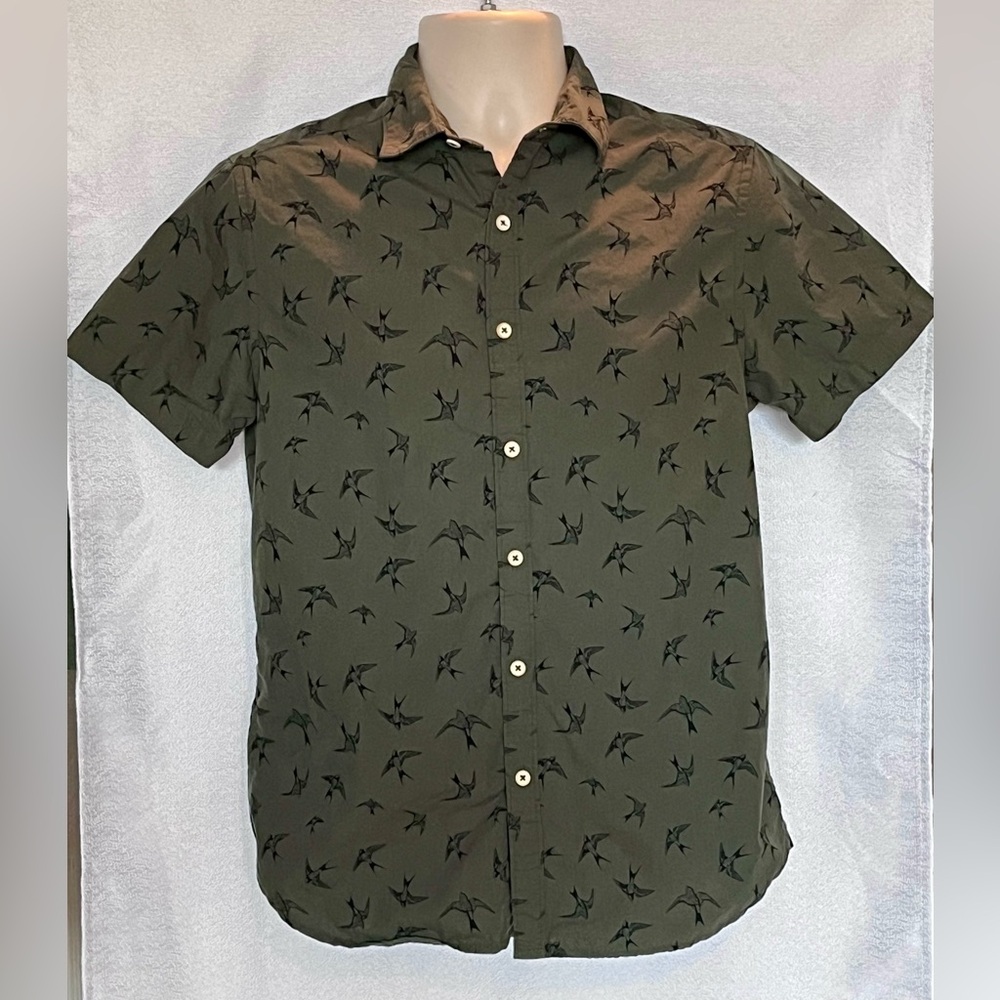 Denim Flower Ricky Singh Button Up Short Sleeve Slim Fit Birds Shirt Men S Green